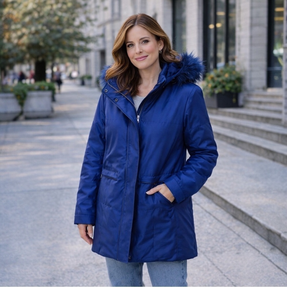 Fleet Street Fur Trim Hooded Coat Blue Size M Medium